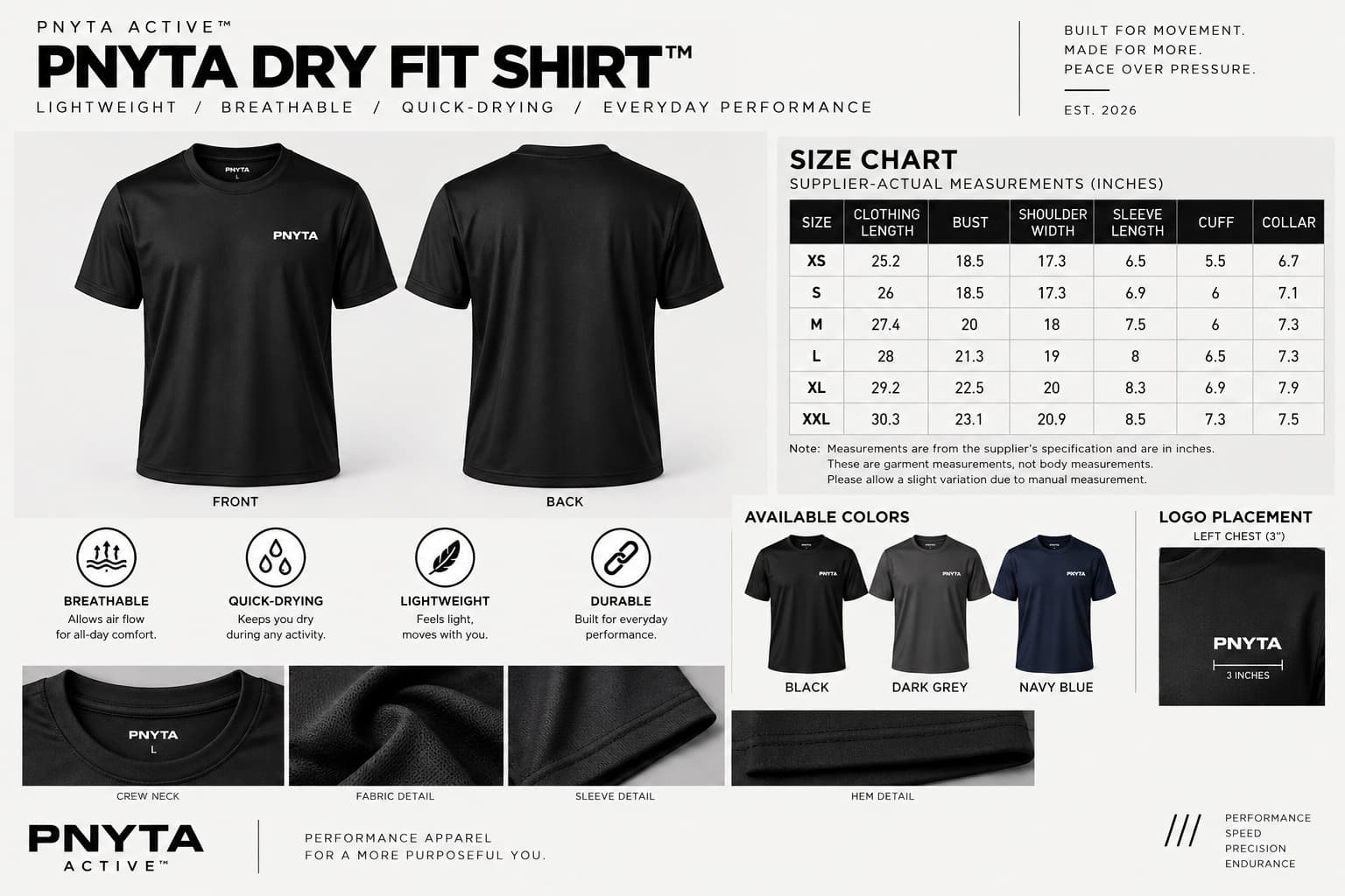 PNYTA Dry Fit Shirt spec: front and back, XS–XXL size chart, black / dark grey / navy, left-chest wordmark