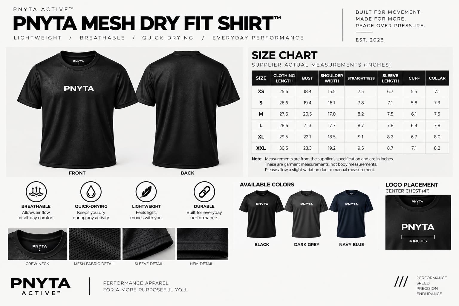 PNYTA Mesh Dry Fit Shirt spec: front and back, XS–XXL size chart, black / dark grey / navy, center-chest wordmark
