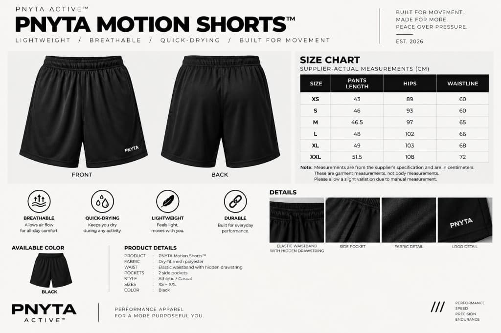 PNYTA Active Motion Shorts spec sheet with size chart, colors, and construction