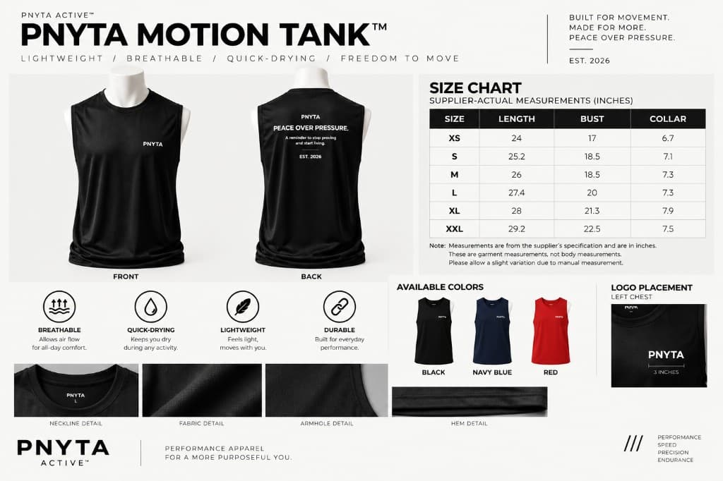 PNYTA Active Motion Tank spec sheet with size chart, colors, and construction